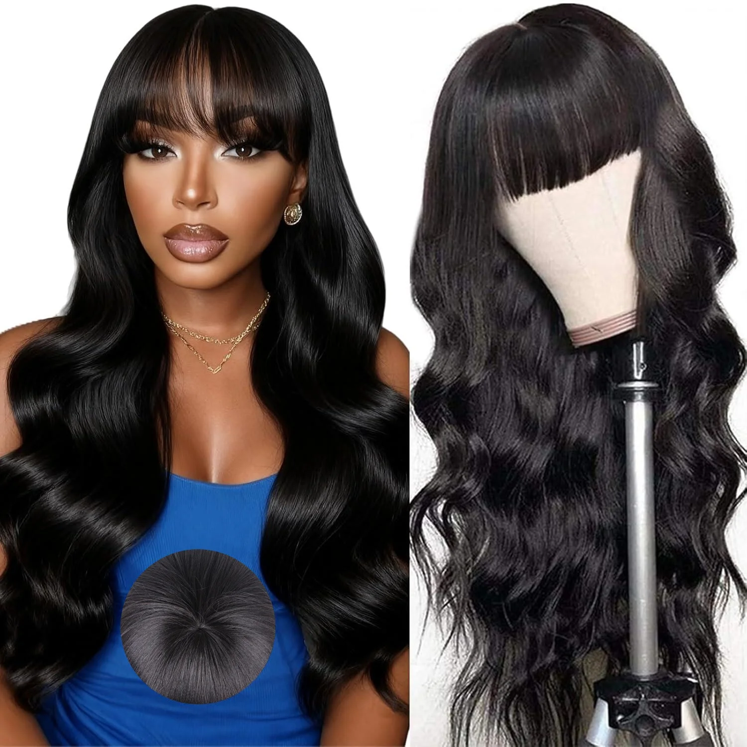 

Glueless Body Wave Human Hair Wigs With Bangs Machine Made Wig For Women 16-22 Inch Malaysia Hair Wavy Wigs Natural Color