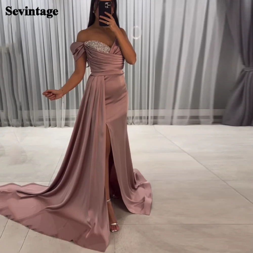 

Sevintage Mermaid Dusty Pink Beaded Evening Dresses Bodycon Prom Gowns Off Shoulder Split Formal Wedding Party Bridesmaid Dress