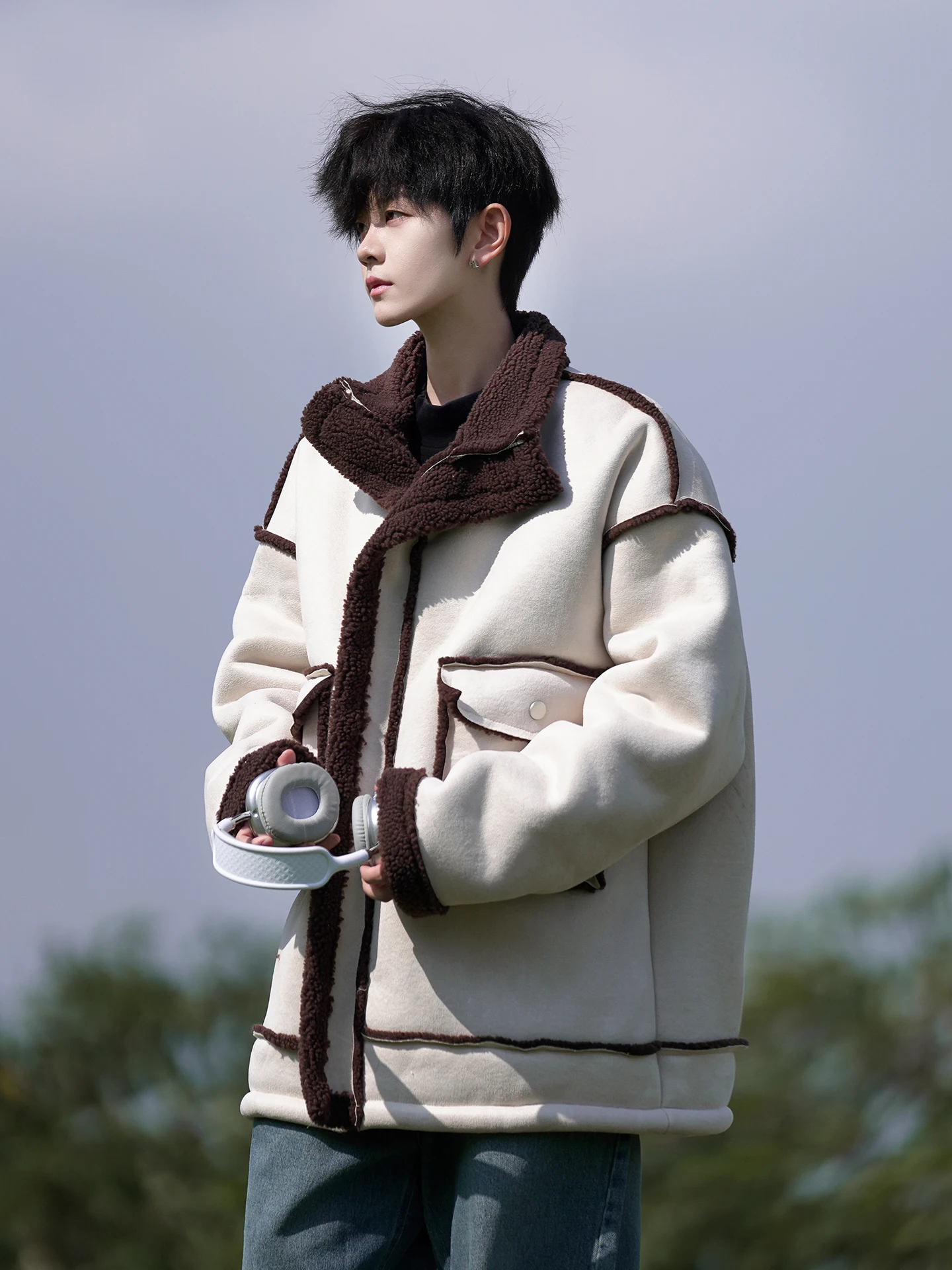 

Retro American Sle Lamb Fur Cotton Jaet Men's Winter Thiened Faion Brand Casual Loose Fit Polyester Inner Lined Coat