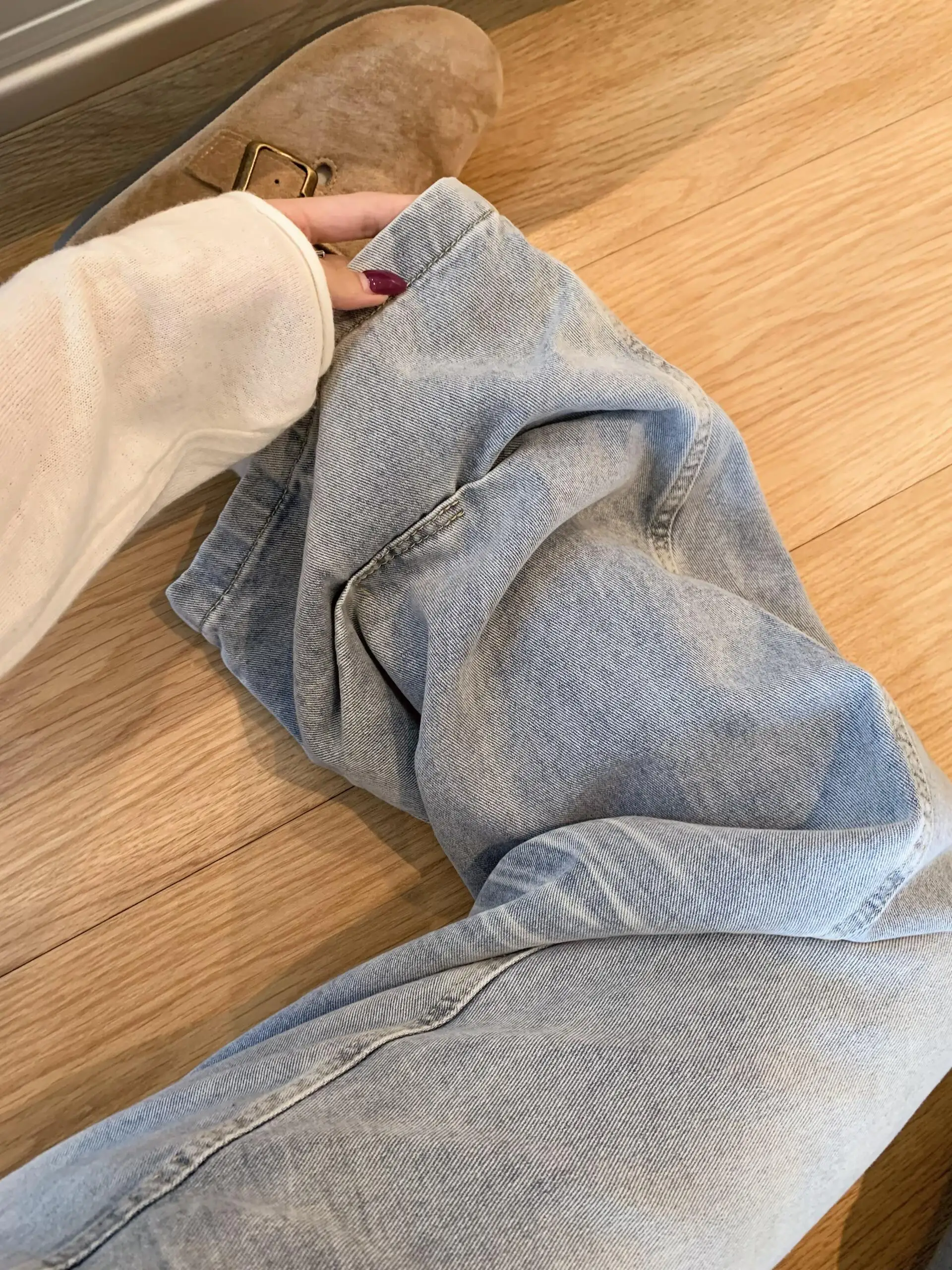 Light Wash Loose Wide Leg Jeans Women Petite Autumn Casual Retro Streetwear Denim Pants - view 3