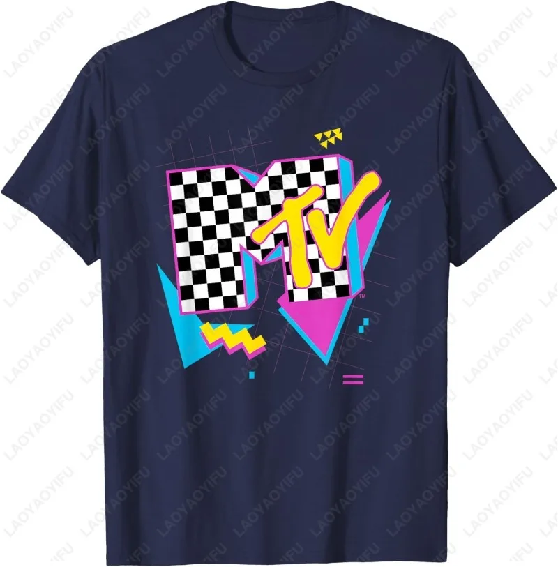 MTV Retro Checkered Neon Shapes Music Television Adult Cotton T-shirts Mens 1980's 1990'S Clothing Street Fashion Tops O-neck