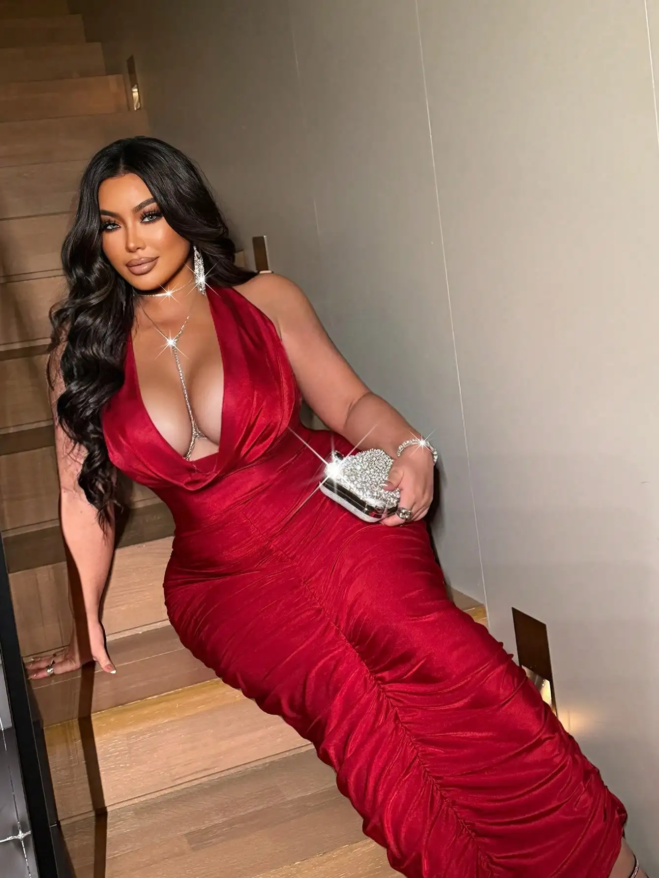 

Plus Size Red Satin Halter Neck Dress with Ruched Skirt for Parties & Events