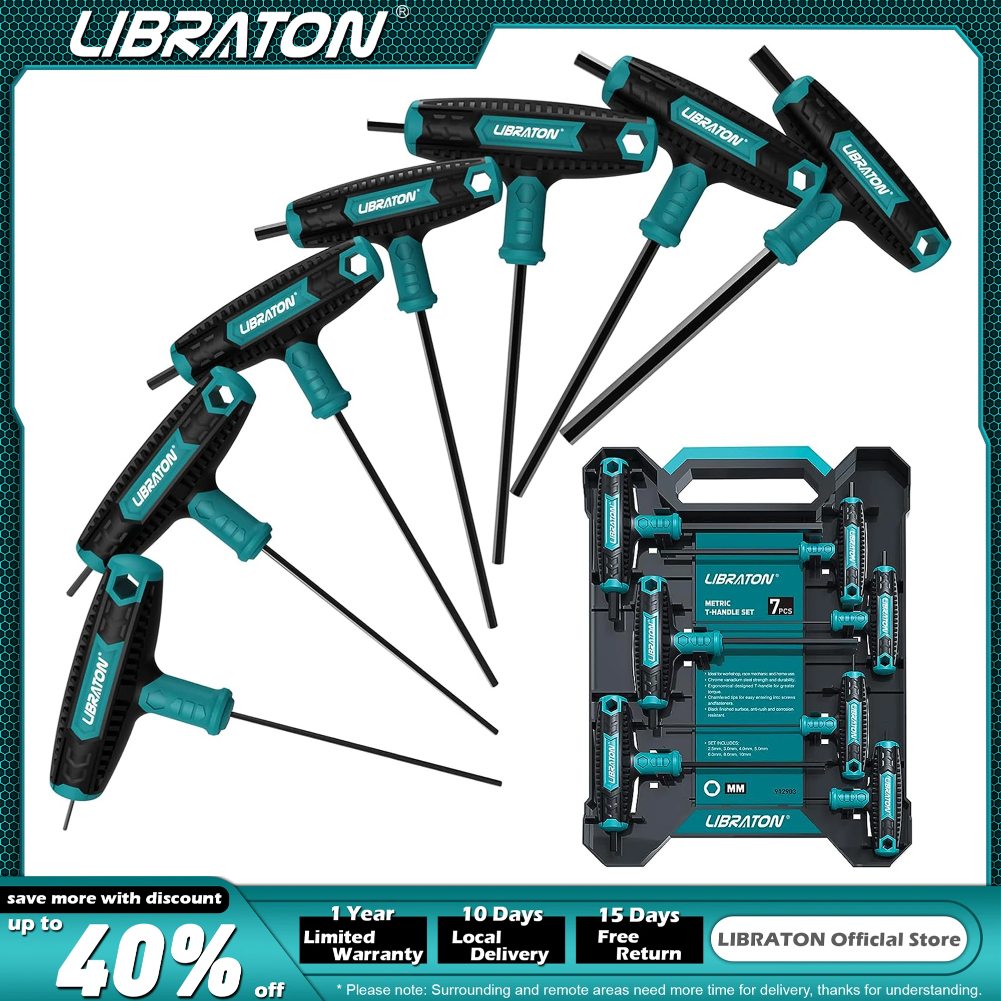 Libraton 7 Uds Mango en T llave Allen de mango en T llave hexagonal dos-y achaflanarse, diseño de Tips 2,5mm-10mm Auto herramienta de reparación de