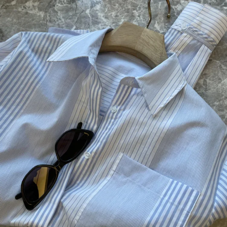 

Женская простая полосатая рубашка с длинными рукавами и лацканами Penny Sense