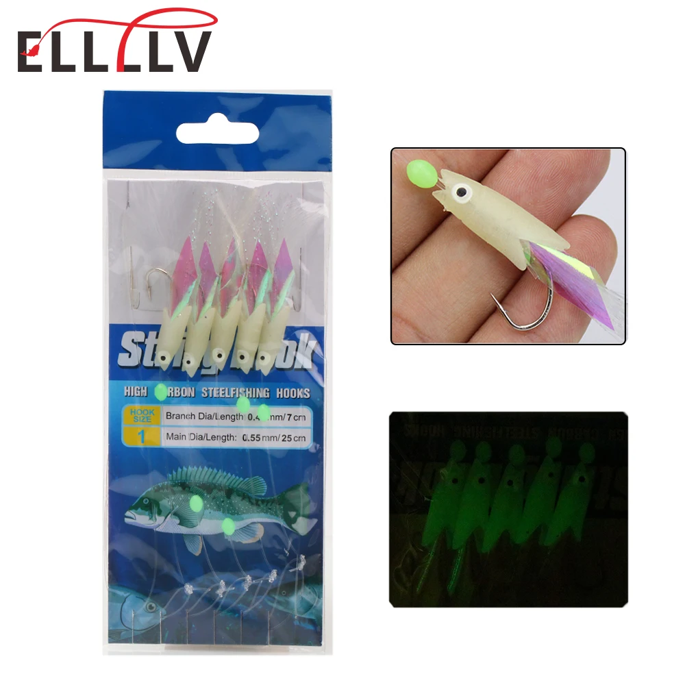 Ellllv 2 bags Luminous Soft Head Sabiki Rigs Mackerel Bass Cod Bait String Hooks Saltwater Fishing Artificial Lure #4 - 1/0