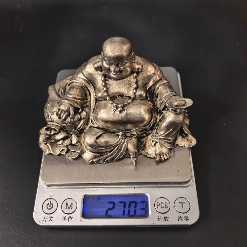 Chinese Retro Laughing Buddha Statue Vintage Silver‑Plated Maitreya Figurine Desktop Ornament Feng Shui Wealth Decor Craft Gift