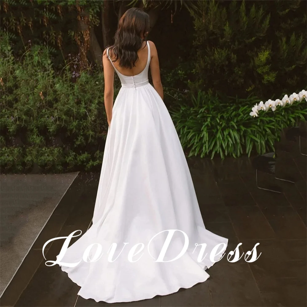 Customized Elegant Pastoral A-Line Spaghetti Stain Square Collar Wedding Dresses Sleeveless Floor Length Bridal Gowns Vestido