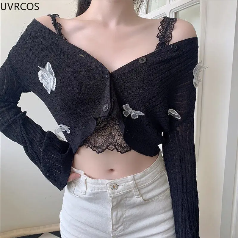 Autumn 2022 Cute Butterfly Knitted Cardigan Women Korean Sexy V-Neck Short Sweater Jacket Summer Long-sleeved Sunscreen Crop Top