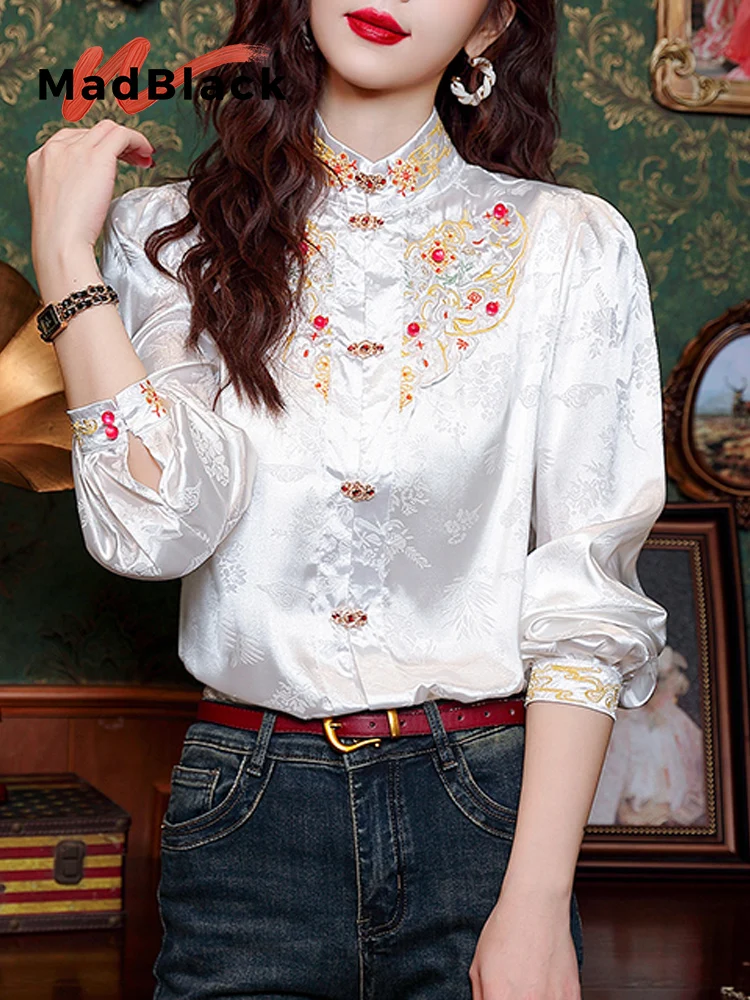 

MadBlack-Women European Shirt, Sexy Stand Jacquard Embroidery, Vintage Long Sleeve Loose S-2XL Blouse, 2026 Spring New T5D872CC