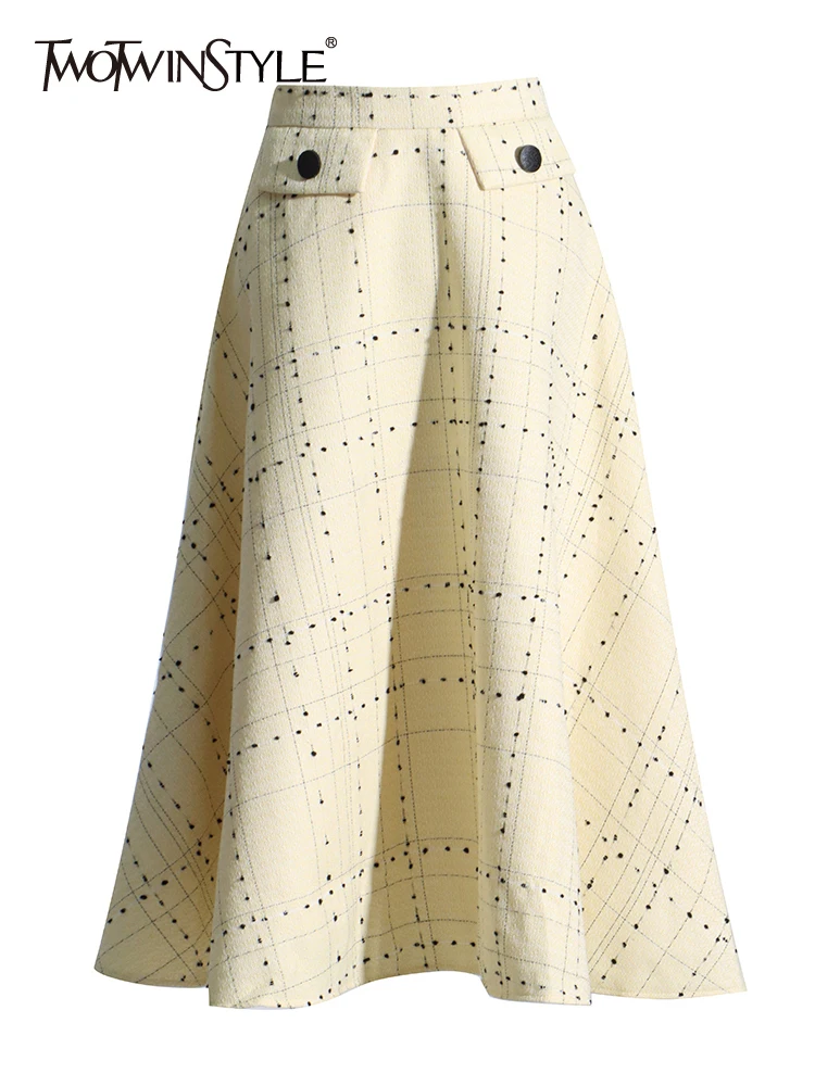 

TWOTWINSTYLE Elegant Plaid Skirts For Women High Waist Mid Calf Patchwork Folds Temperament Skirt Female Fashion Style Clothing