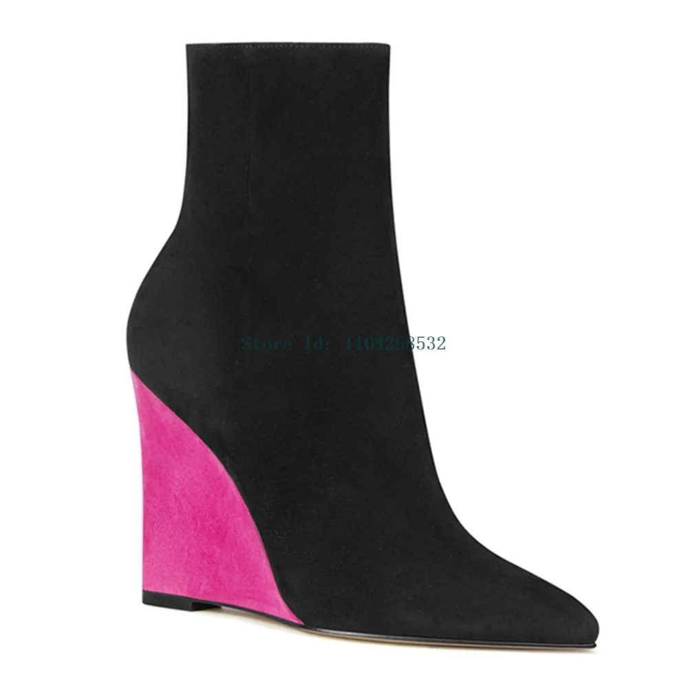 Pink Colour Wedges Suede Ankle Boots Sexy Pointed Toe Zipper Mixed Colors New Arrivals Women Fashion Modern Boots