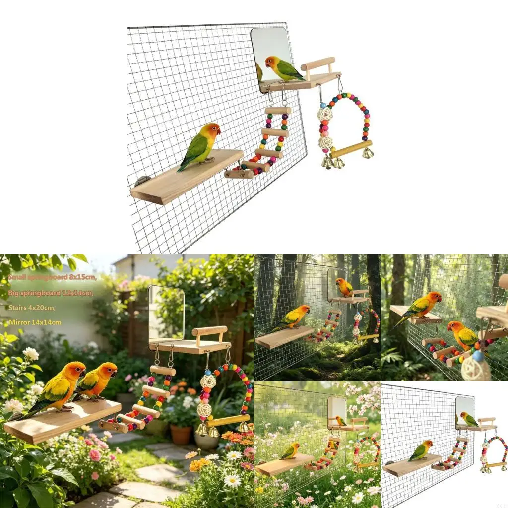 

Wooden Ladder Stand Mirror Swing Chew Accessory For Small fowls KXRE