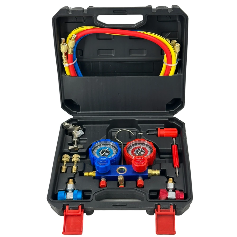 Podofo NEUES Auto-Klimaanlagen-Manometer-Set, Klimaanlagen-Kältemittel-Füllwerkzeug, Klimaanlagen-Manometer-Set mit Schläuchen, Schnellkupplungen und Ventileinsatzentferner