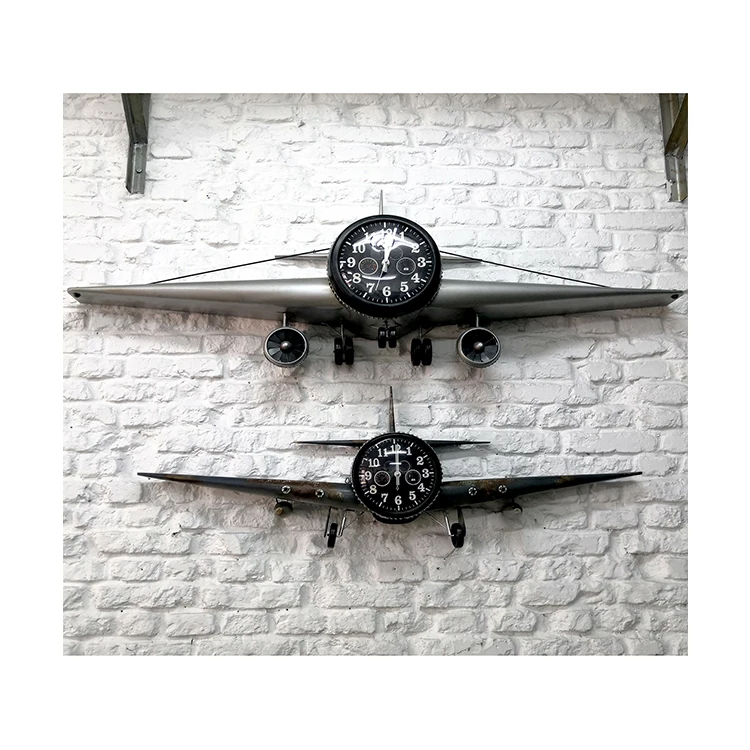 Retro wrought iron wall decoration airplane wall hanging clock and watch creative bar antique wall Clock home decor