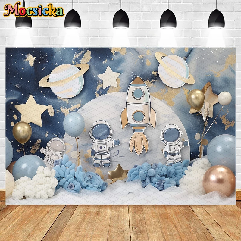 Mocsicka Photography Background Space Astronaut Galaxy Balloon Decor 1st Birthday Party Boy Cake Smash Backdrop Photo Studio