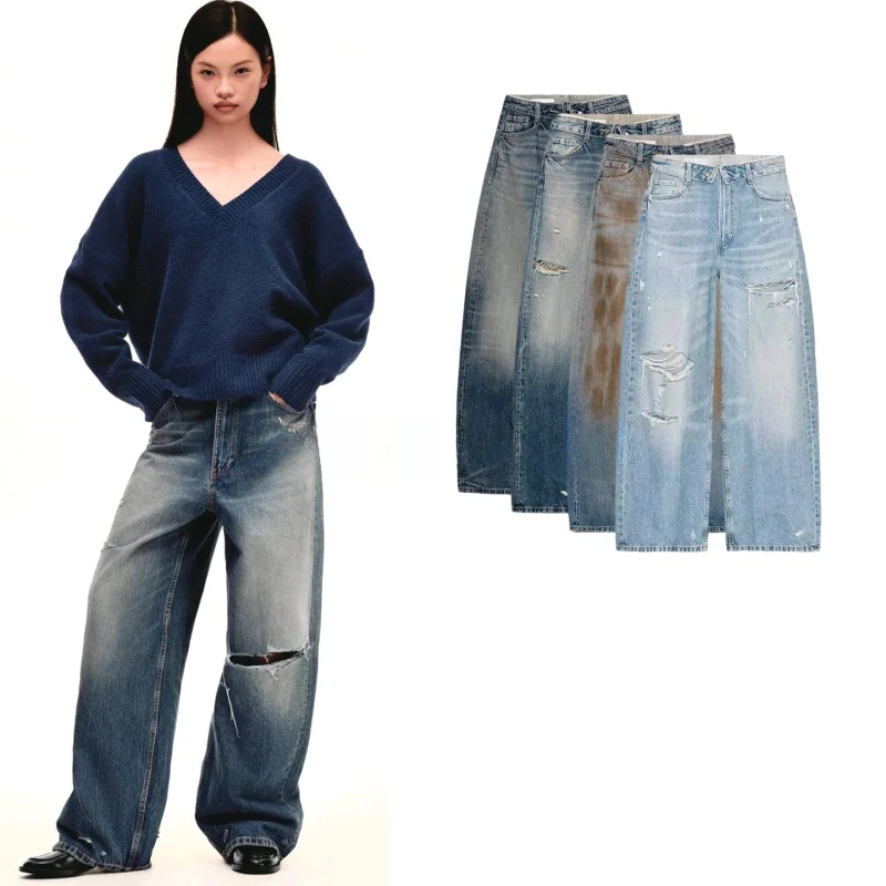 

Spring New Women's Jeans Waed Effect mid Waist Cuffed Long Pants Ladies Faion Slim Fit Denim Trousers Spring 2026