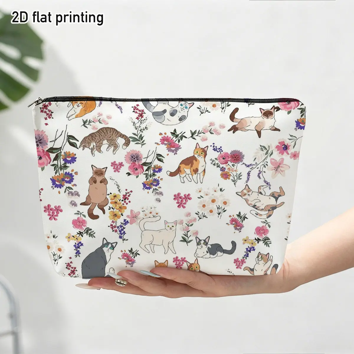 Watercolor Floral Cat Zipper Makeup Bag Vintage Wildflower Multi‑Breed Kitten Print Cosmetic Pouch Portable Ladies Storage Purse
