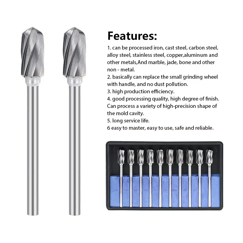 XCAN 10pcs Carbide Rotary Burr 3mm Shank 6mm Diameter Single Cut C Type Rotary File Milling Bit