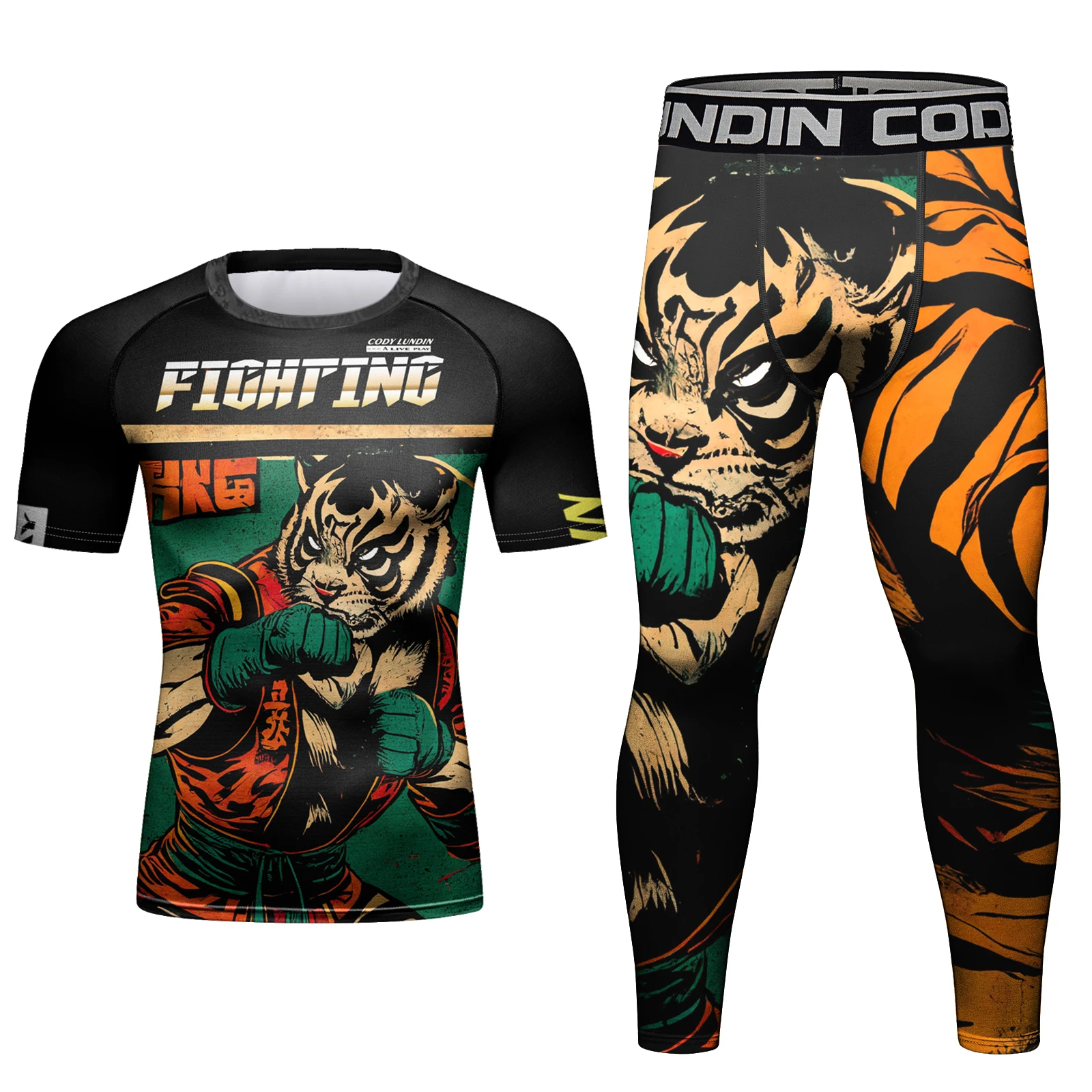 Cody Lundin Men Fighting Tiger Print Rash Guard Set Black Green Quick Dry Compression Suit For Muay Thai BJJ MMA Gym Workout
