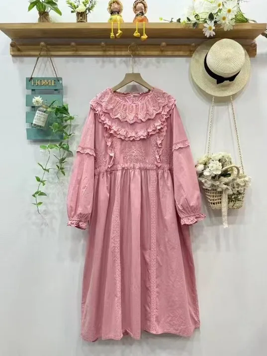 [Stock prêt] haute qualité femmes 100% coton Blouse chemise à manches longues robe couleur unie doux dentelle robes en dentelle