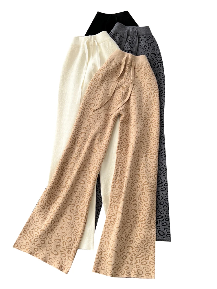 Loose Knitted Wide Leg Pants Women's Soft Lazy Sle Winter High Waist plus Size Leopard Print Floor Length Trousers