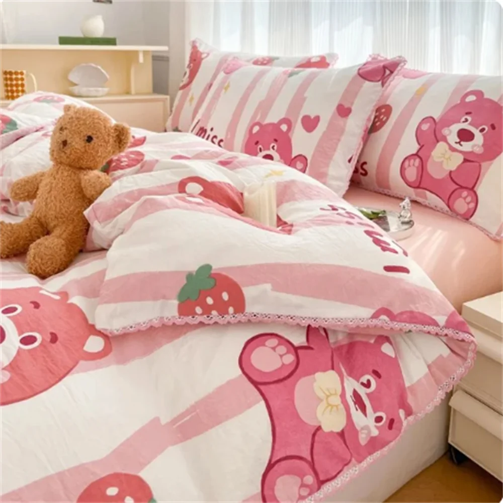 Cartoon Childlike Ins Fashion Comforter Fresh Floral Bedding Set  Leaves Flower Duvet Cover Pillowcases Soft Washed Cotton