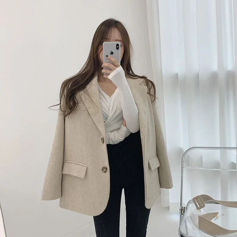 Traje adelgazante grueso ceñido con cintura con lazo de estilo coreano, abrigo de lana, ropa de mujer, abrigo de invierno, traje informal holgado para ir al trabajo, Blazers
