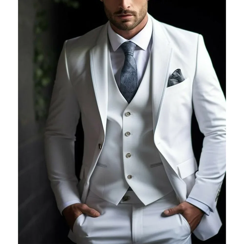

Summer White Men Suits Fashion Single Breasted Smart Casual Outfits Chic Elegant Wedding Tuxedo 3 Piece (Blazer+Vest+Pants)