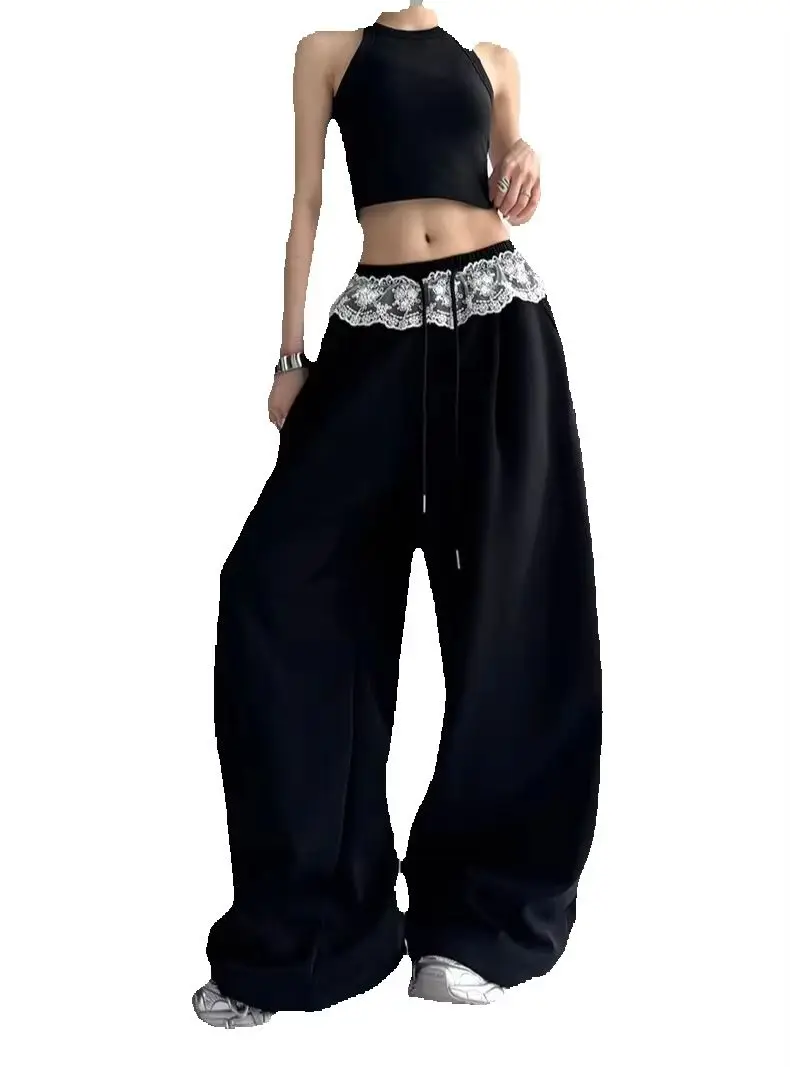 BB Wide-leg Pants for Women New Solid Color Loose Lace Drawstring Casual Drooping Lazy Sports Long Trousers