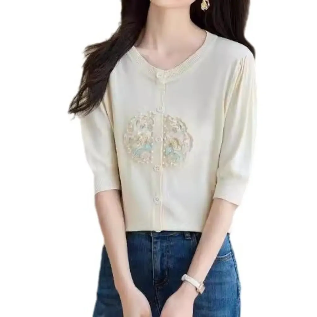 

Women's Chinese Style National Embroidered V-neck Short-Sleeved T-shirt Summer Commuter Top Knitted Shoulder Small Shirt