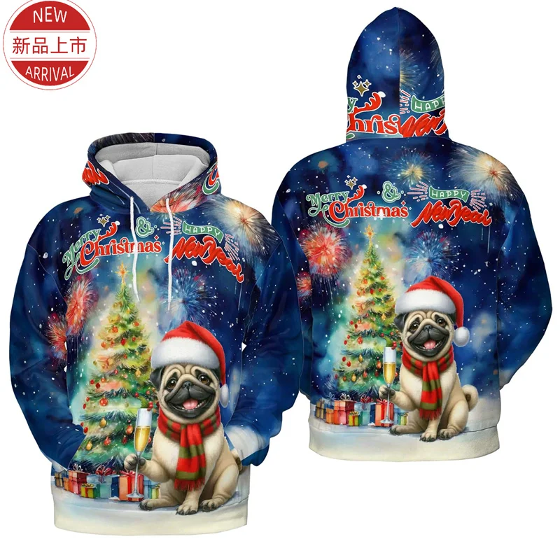 2025 Happy New Year 3D Print Hoodies Cute Animal Pull Terrier Corgi Graphic Hooded Hoody Fashion Streetwear Funny Mens Clothing