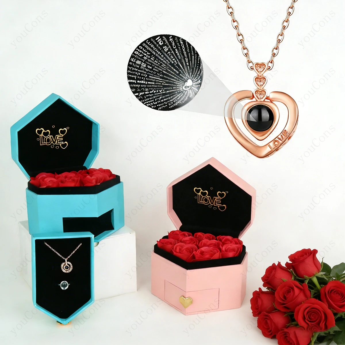 100 Languages Projection Pendant Necklace With Nine Rose 2026 New Jewelry For Woman Girlfriend Mother Valentine Birthday Gift