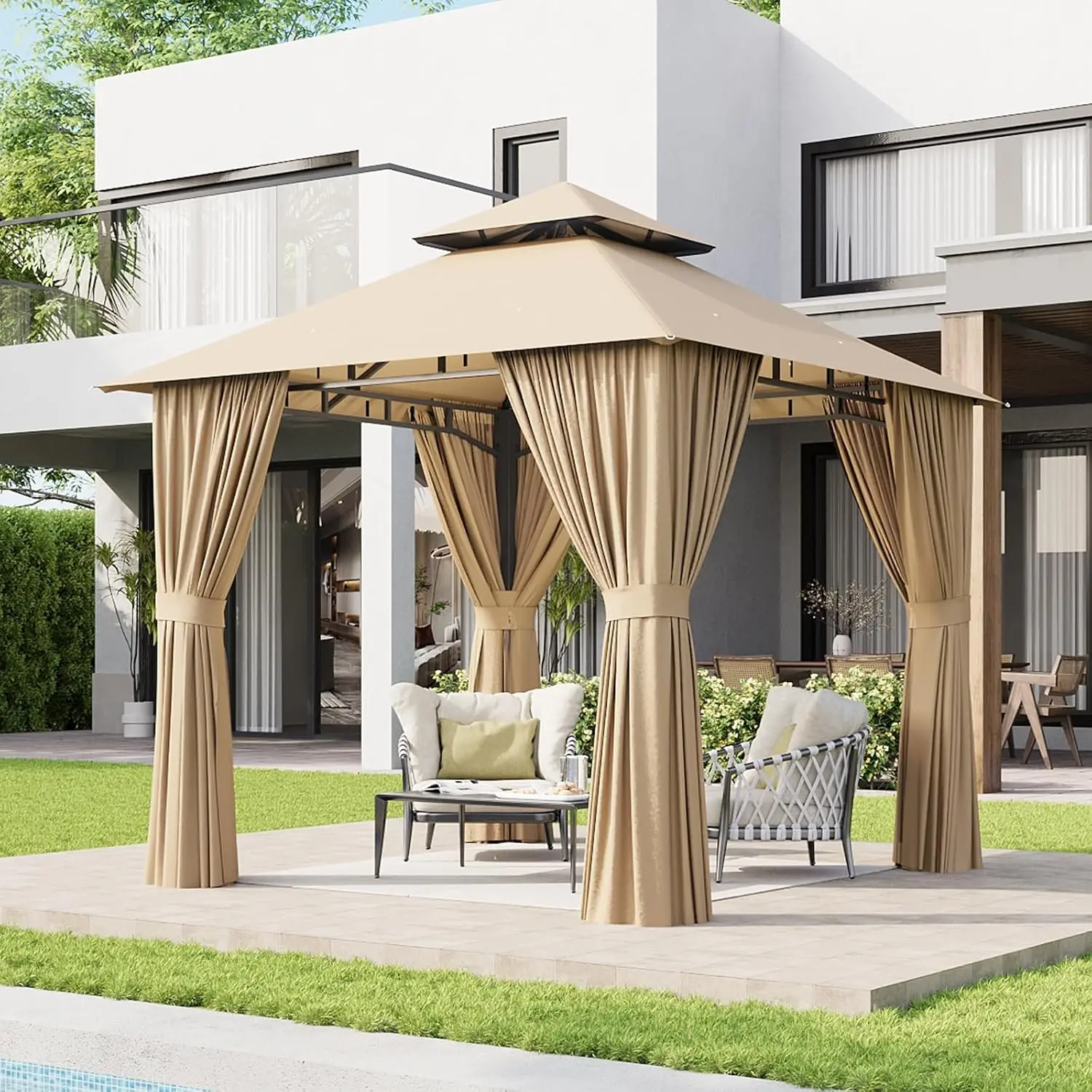 8x8 Gazebo with Curtain & Mosquito Netting Outdoor Heavy-Duty Party Tent with Double Roof, Patio Tent with Zipper, Custom
