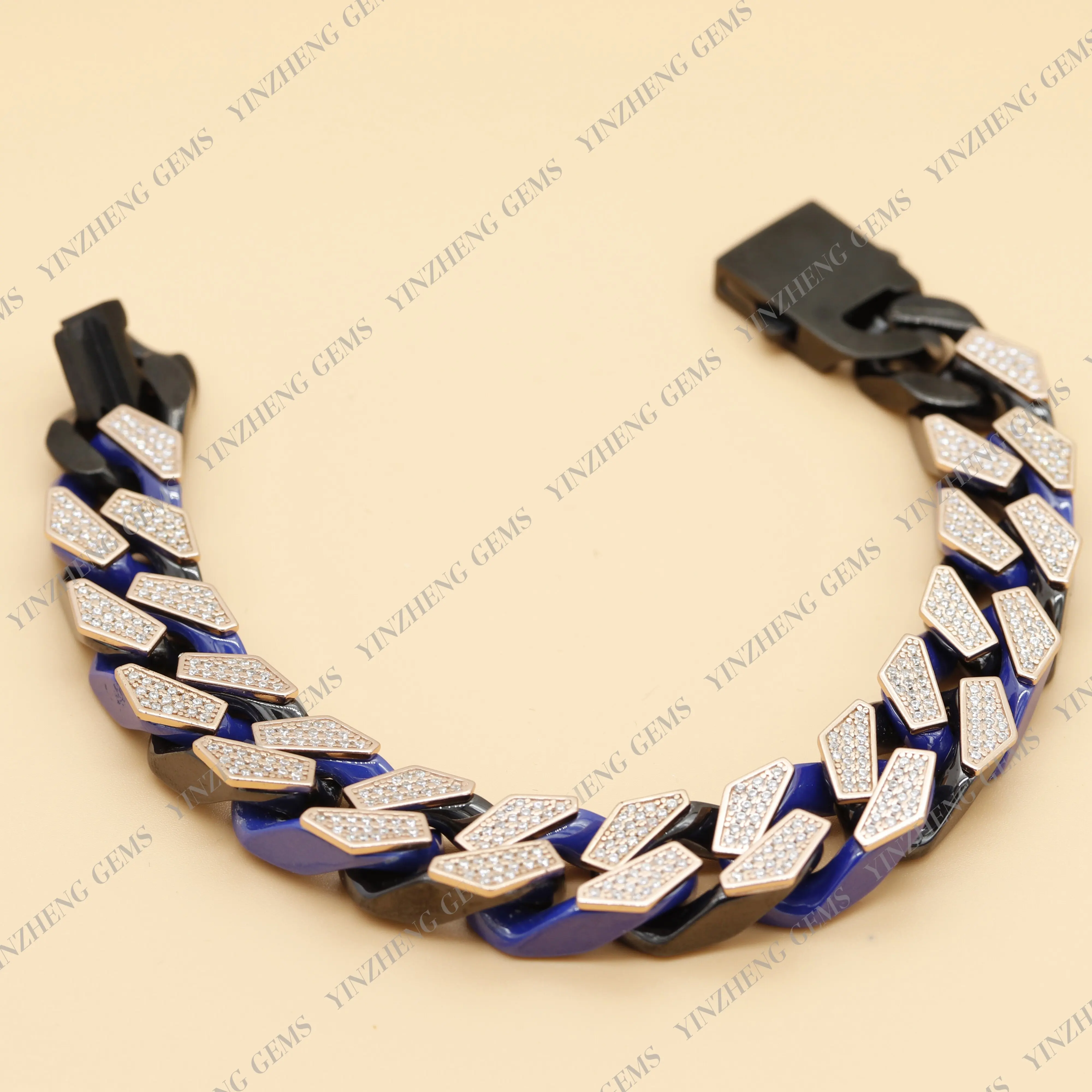 Hip Hop 30cm 925 Plata Nanocristal Porcelana Azul Negro Cadena cubana Pulsera punk