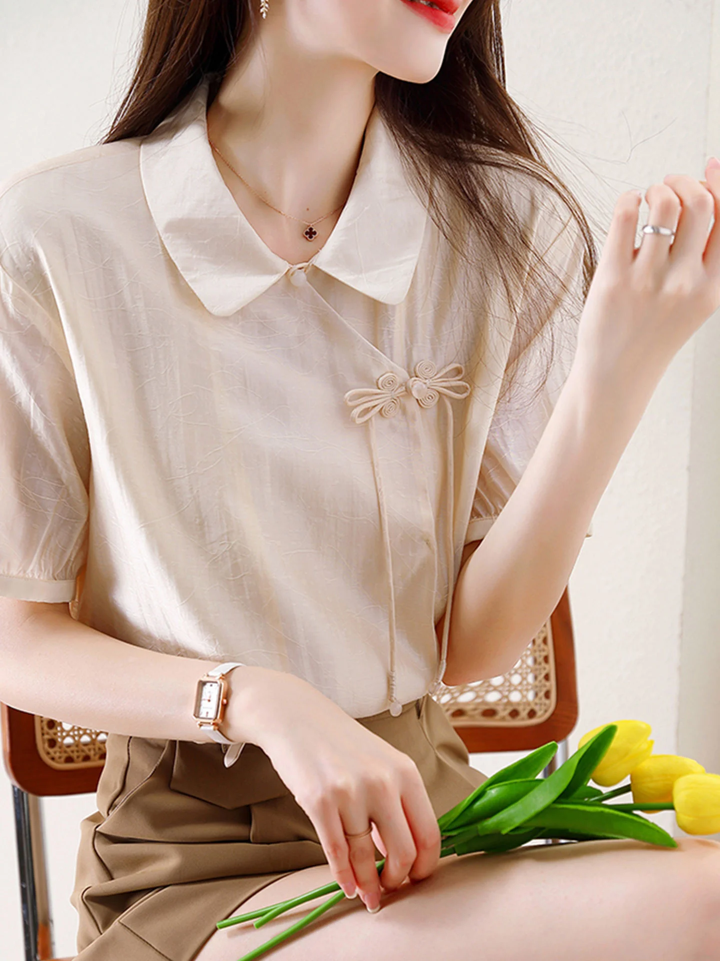 

Ele Chinese Sle Button Design Knot ort Sve irt Women's Top Korean Sle Commute Straight Tube Silken