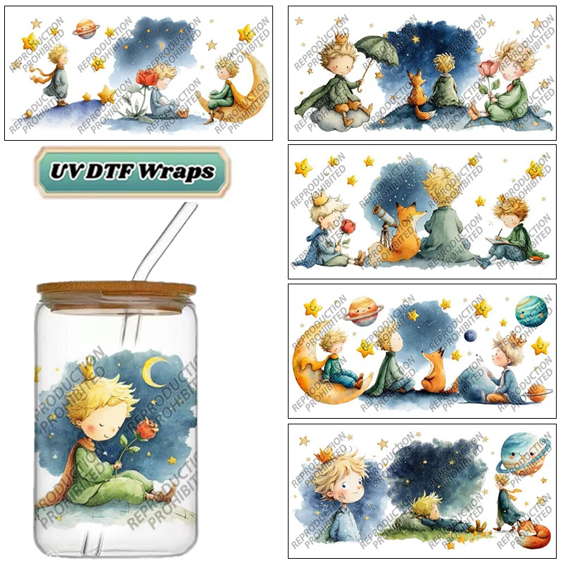 Whimsical Starry Prince UV DTF Wraps, Watercolor Moon & Fox Stickers for 16oz Glass Cans, Waterproof DIY Transfer Decals