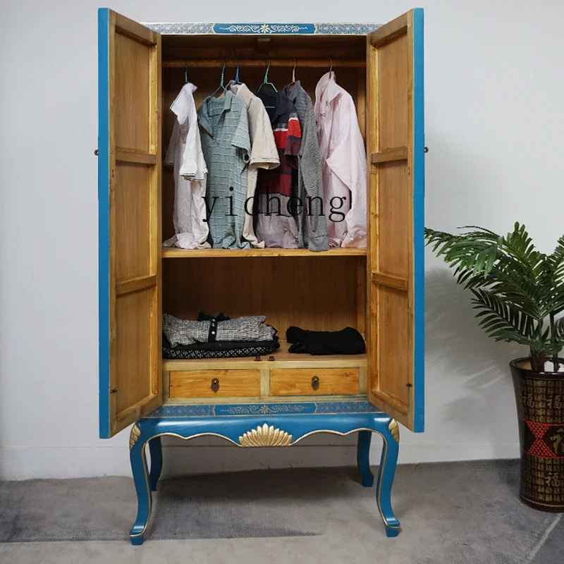 U29  retro solid wood painted gold-painted wardrobe bedroom small apartment storage high cabinet household clothes cabinet