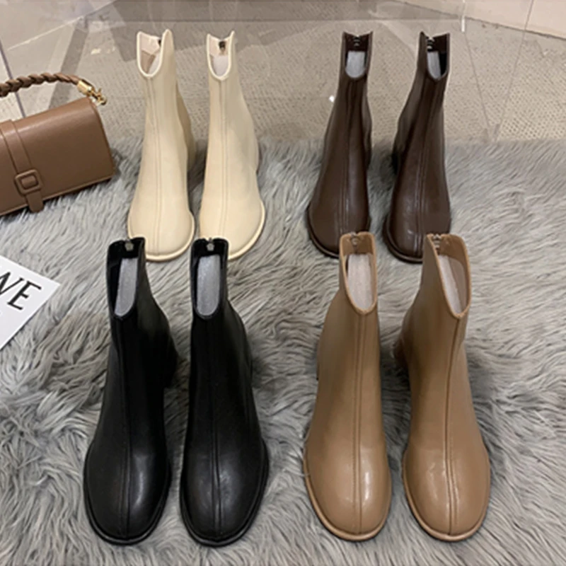 Luxury Brand Women Beige 5cm Black High Heels Ankle Winter Female Square Toe Chelsea High Quality Ladies Short Boots New Shoes