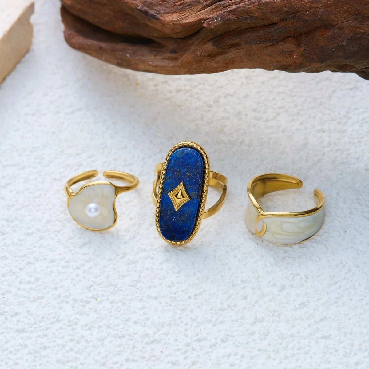 Edelstahl-Rechteck-Naturstein-Emaille-Fingerringe für Damen und Herren, königlicher Vintage-geometrischer Imitationsperlenring, Schmuck – Detail 18