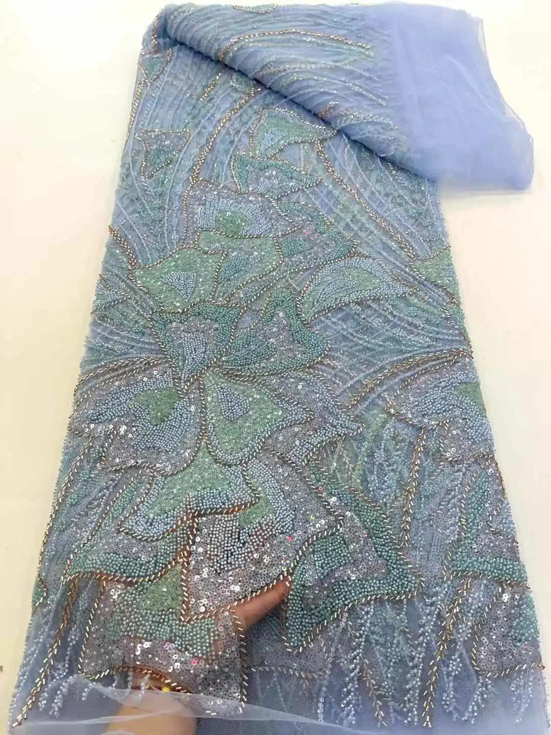 

African Mesh Lace Fabric Nigerian Beads Lace Fabric 2025 High Quality French Nigeria Lace Dresses for Women Party Wedding Sewing