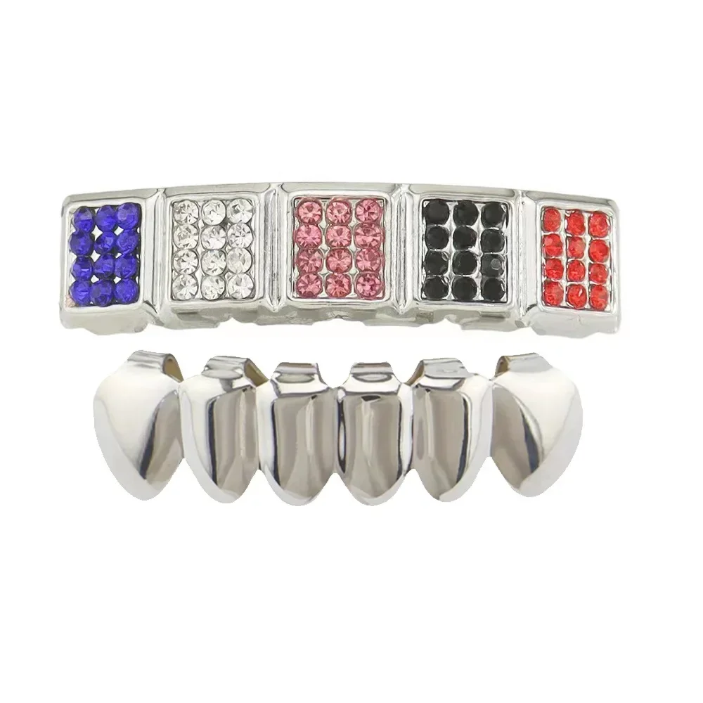 الهيب هوب الملونة تشيكوسلوفاكيا الأحجار الأسنان Grillz قبعات مكعب الزركون مثلج خارج مايكرو تمهيد أعلى وأسفل سحر الشوايات للرجال النساء مجوهرات