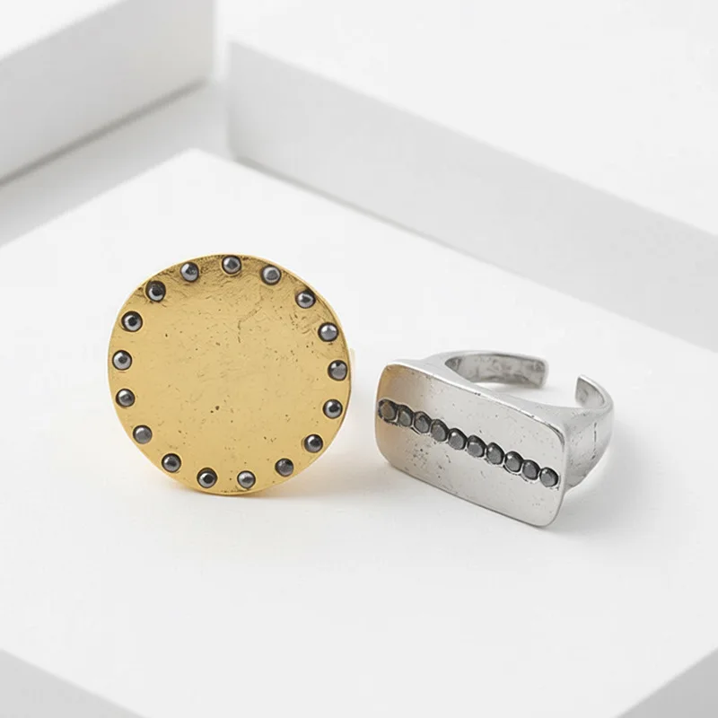 Wide Vintage Distressed Rhinestone Open Ring Stylish Minimalist Gold Silver Color Block Ring for Women High-end Elegant Jewelry