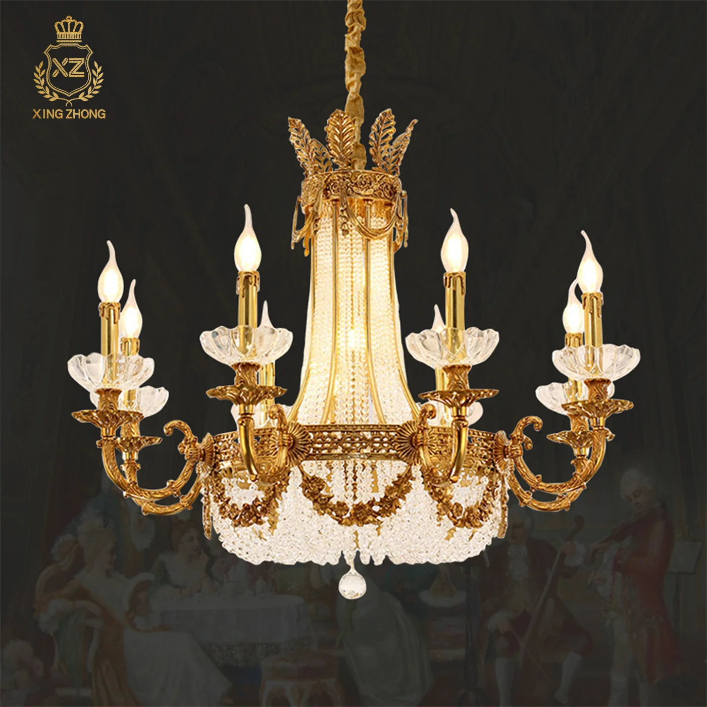 European Villa Living Room Indoor Luxury Crystal Chandelier Hotel Hall Duplex Dining Room Copper Pendant Light
