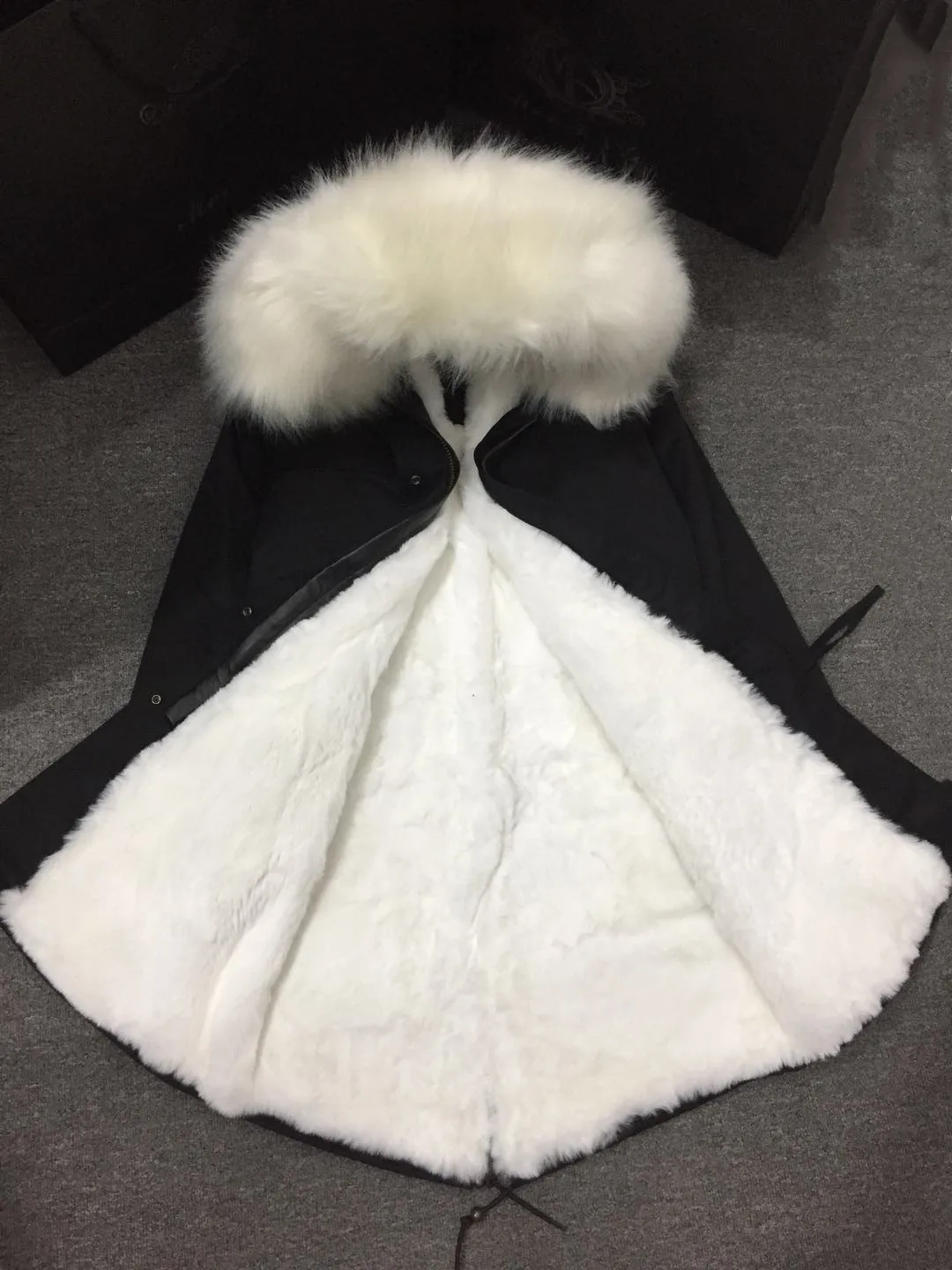 Pure White All Faux Fur Lining&Collar Long Parka With Black Cotton Out Shell For Women And Men