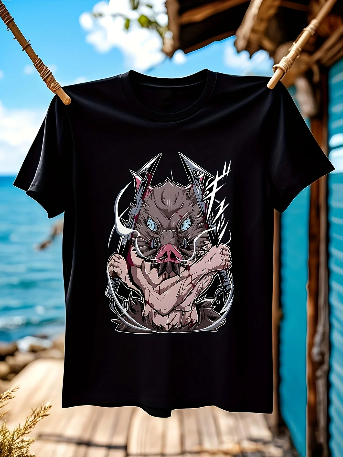 Мужская футболка с рисунком Inosuke Demon Slayer Kimetsu No Yaiba, хлопковая повседневная футболка с круглым вырезом и легкой стрейч, всесезонная трикотажная футболка Fa