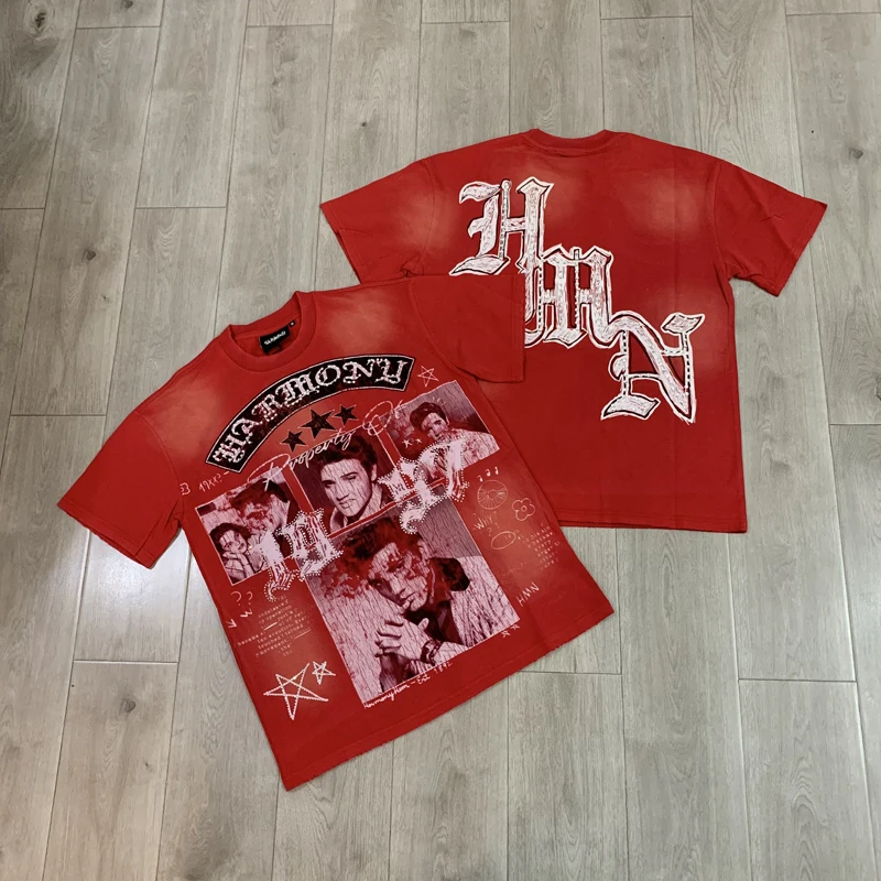 American Fashion Street Fashion Brand High-quality Red Rhinestone HARMONY T-shirt Hip-hop Casual Round Neck Short Sleeved Top