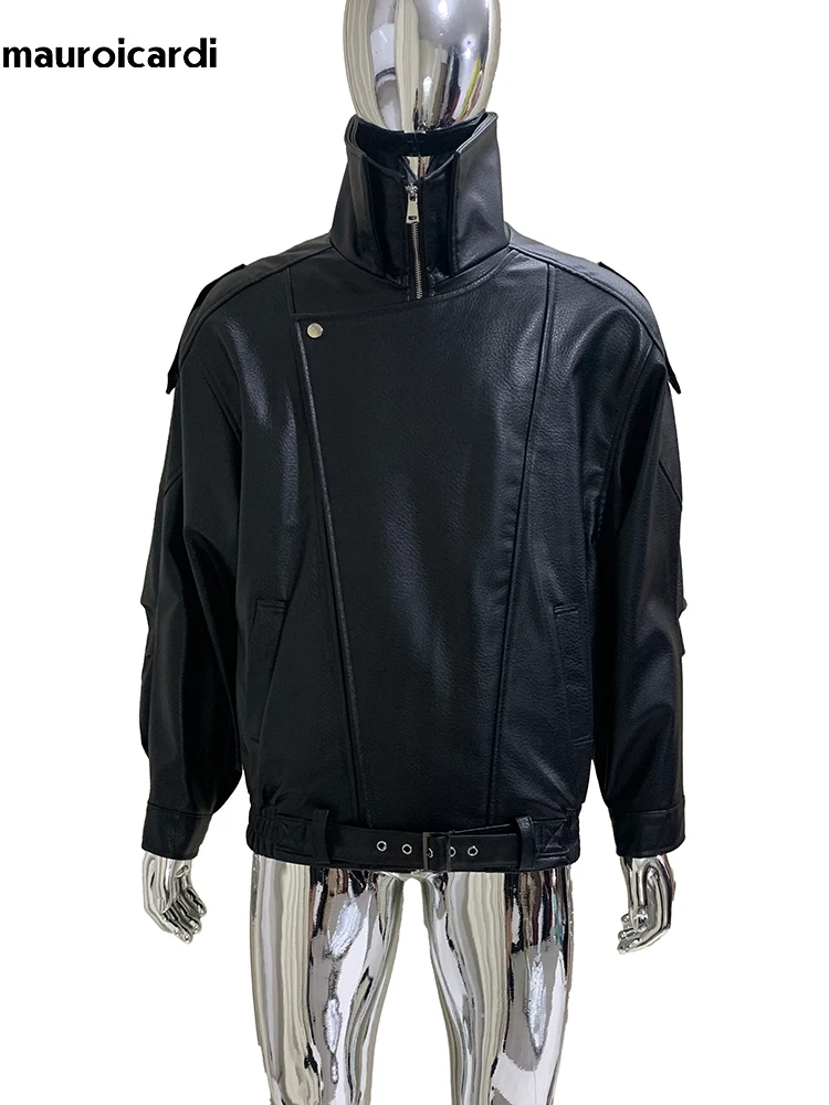 

mauroicardi Spring Autumn Short Windproof Brown Soft Pu Leather Moto & Biker Jacket Men Chic Luxury Designer Unisex Clothes 2025