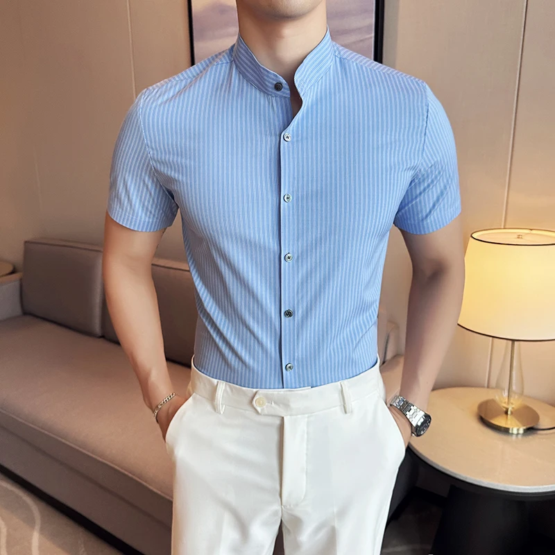 

Chinese Style Men's Social Shirt Fashion Stand Collar Short Sleeve Striped Men Dress Shirts Slim Fit Casual Business Blouse Male