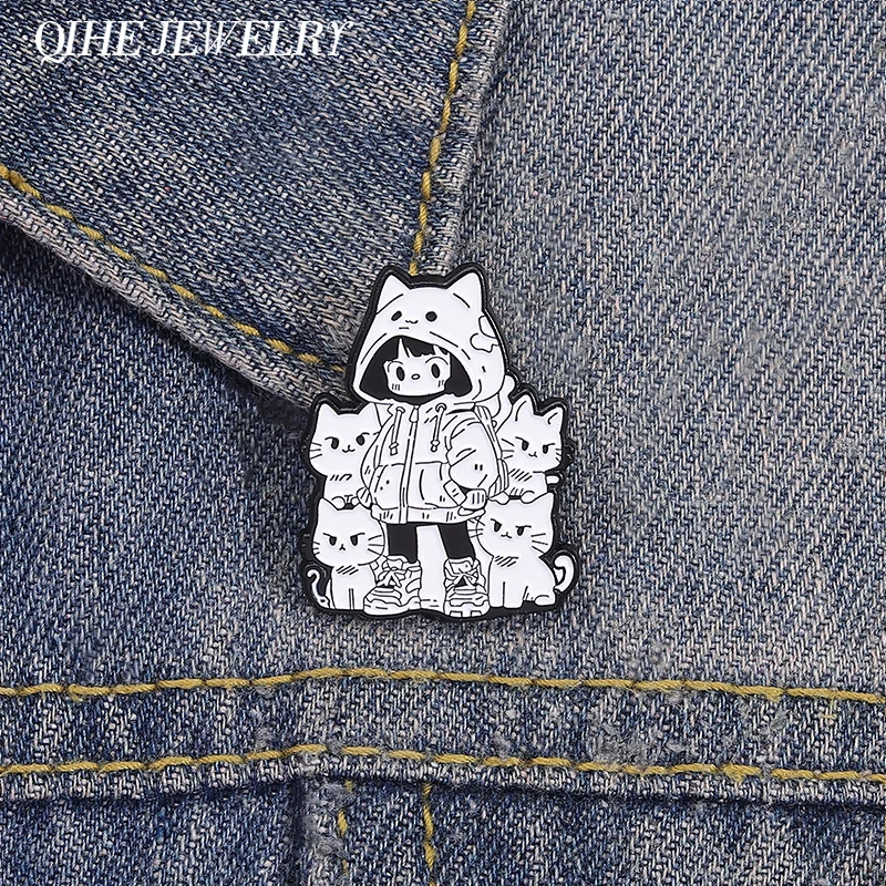 Cartoon Comedy Anime Mädchen & Katze Brosche Emaille Pins Niedliche Katze Tier Broschen Kleidung Revers Abzeichen Schmuck Geschenk für Kinder Freunde