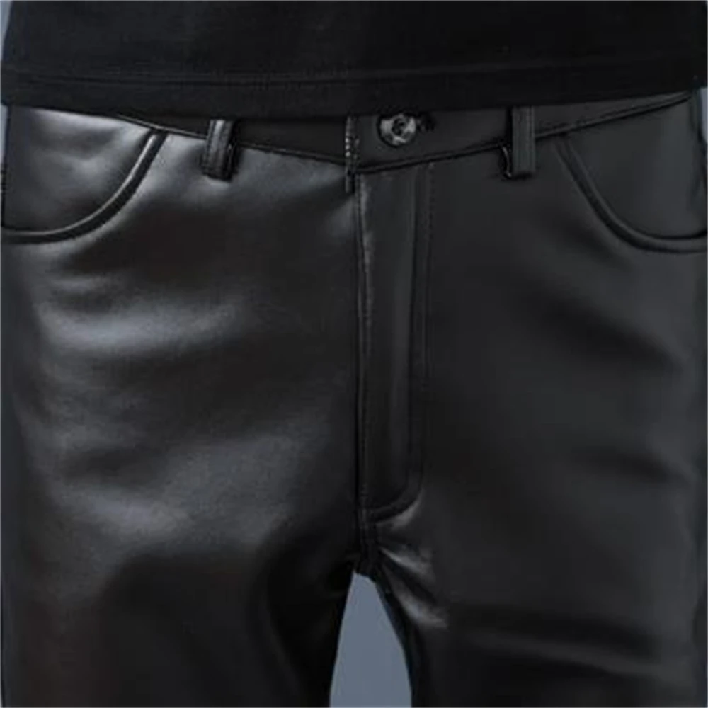 Autumn Men Leather Pants Velvet Skinny Fit Elastic Style Pu Leather Trousers Motorcycle Pants Thick Streetwear Slim Capris